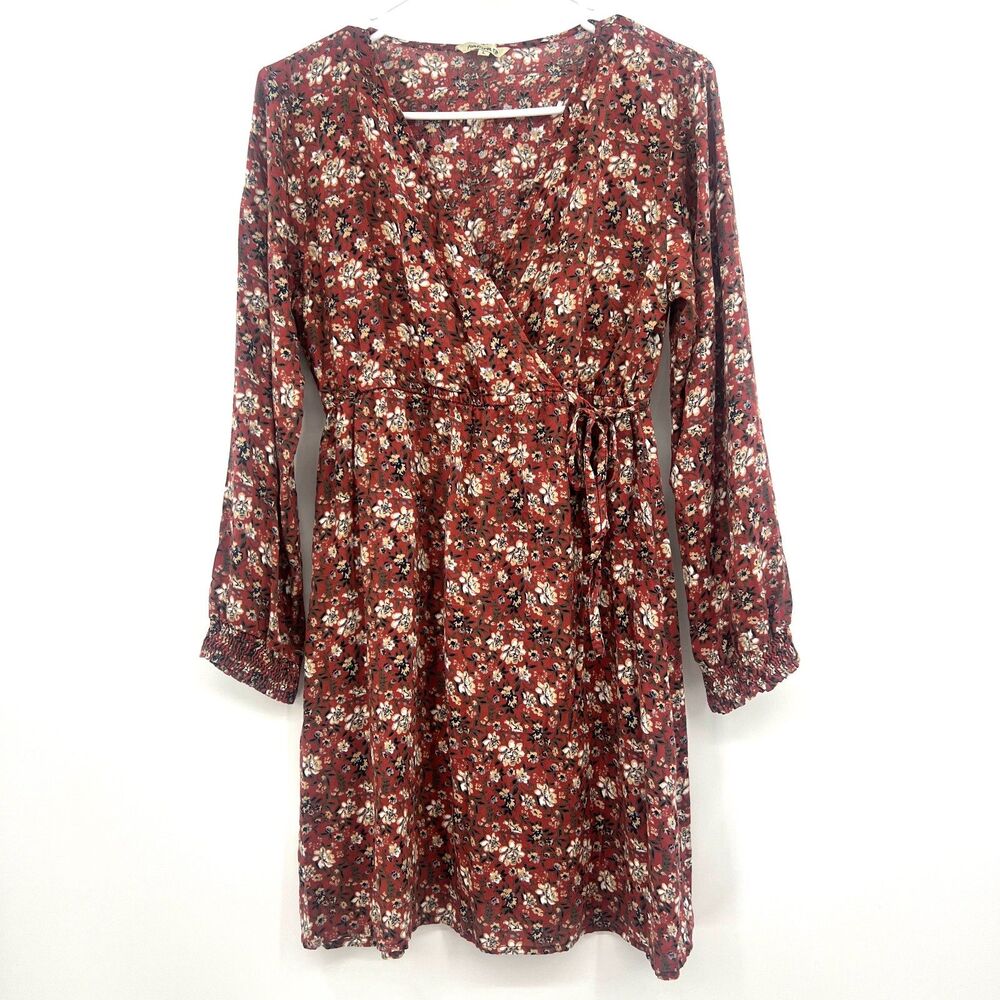 Natura Womens L Red Floral Wrap Dress Long Sleeve V-Neck Boho Viscose Ditsy